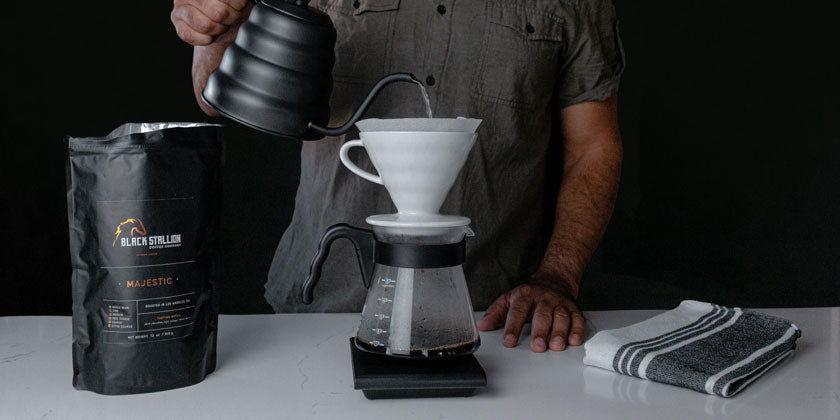 Black Stallion Coffee Company Located in San Gabriel, CA demonstrating coffee pour over method using the V60 Cup filled with Majestic Coffee blend. Amazing high quality coffee in a cup with great coffee flavor taste notes.