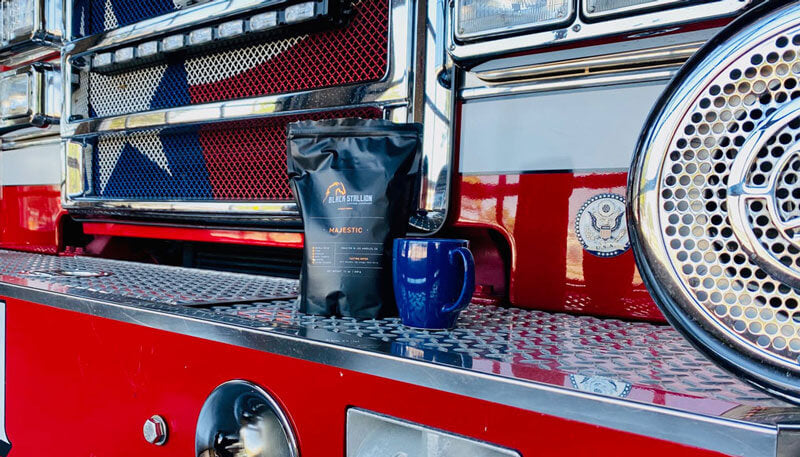 Fire Truck displaying the great tasting coffee of Black Stallion Coffee. Coffee delivery everywhere in the United States. Coffee roasters in San Gabriel create the best coffee roast to keep our frontline workers top peak in performance