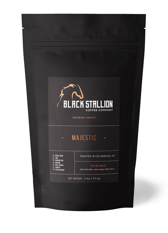 Majestic Specialty coffee available in whole bean, espresso, medium fine, medium coarse, coarse, and extra coarse 2lbs